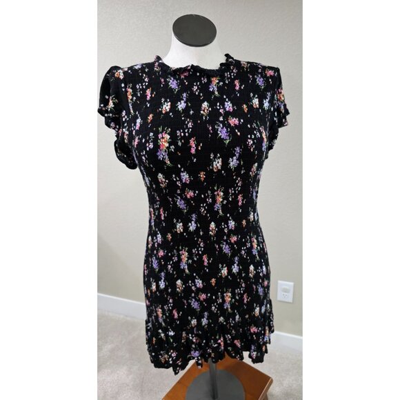 Black Floral Print Ruffle Hem Short Sleeve Ribbed Mini Dress Womens L - Picture 1 of 6